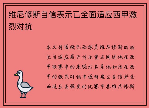 维尼修斯自信表示已全面适应西甲激烈对抗