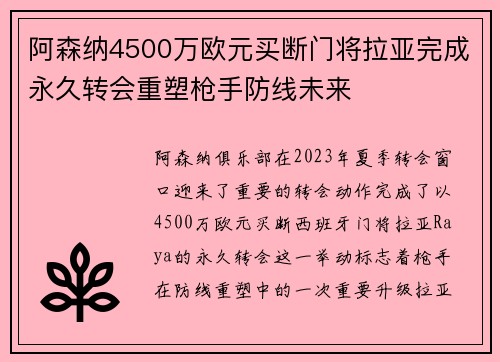 阿森纳4500万欧元买断门将拉亚完成永久转会重塑枪手防线未来